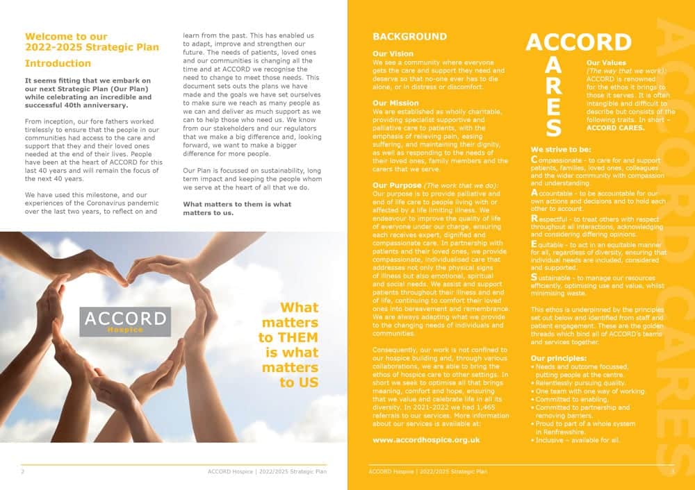 Spread from the ACCORD Hospice Strategic Plan brochure designed by CO2