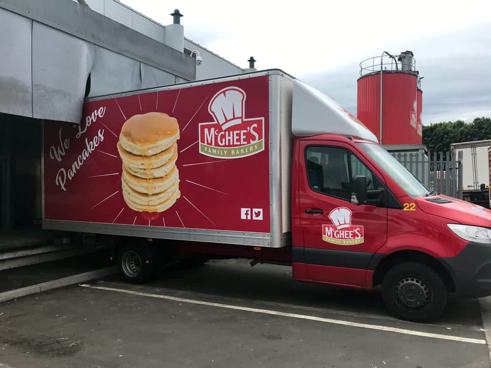 McGhee’s lorry with a giant stack of pancakes and the words We love pancakes