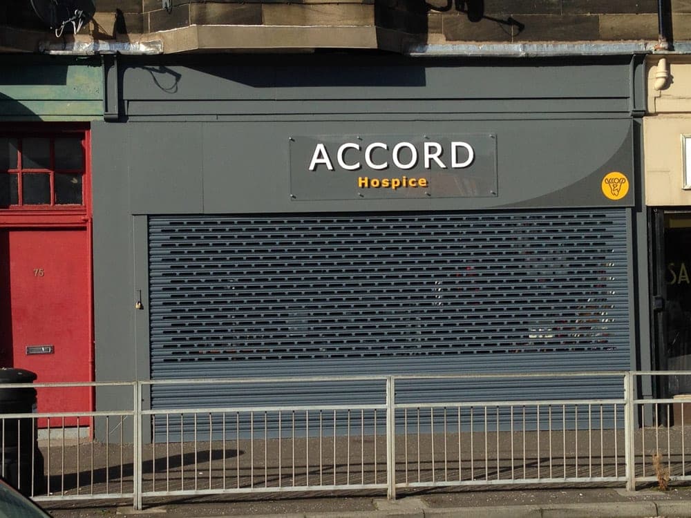 An ACCORD Hospice shop with its new dark grey fascia, after the rebrand