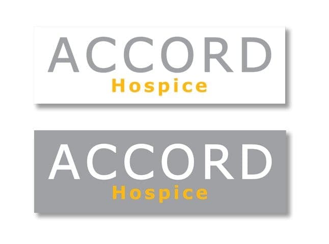 The ACCORD Hospice logo in grey and yellow, light and dark versions