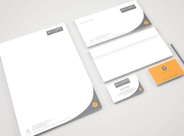 ACCORD Hospice letterhead, envelope and business cards
