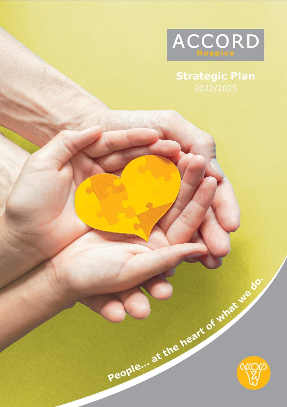 Cover of the ACCORD Hospice Strategic Plan 2022/25 with hands holding a yellow heart