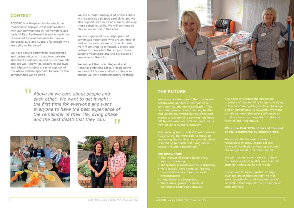 Spread from the ACCORD Strategic Plan with staff photos and quotes