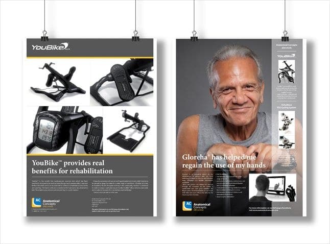 Anatomical Concepts trade adverts featuring rehabilitation equipment and an older man