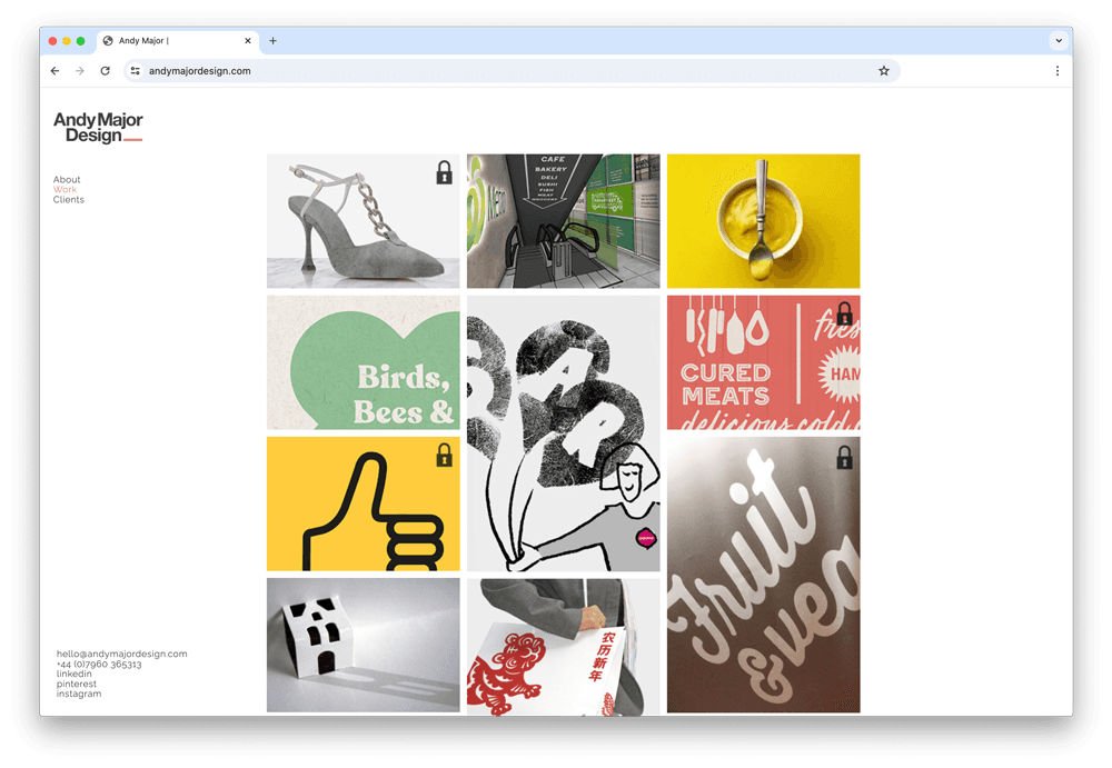 Andy Major Design website with a colourful grid of illustration work