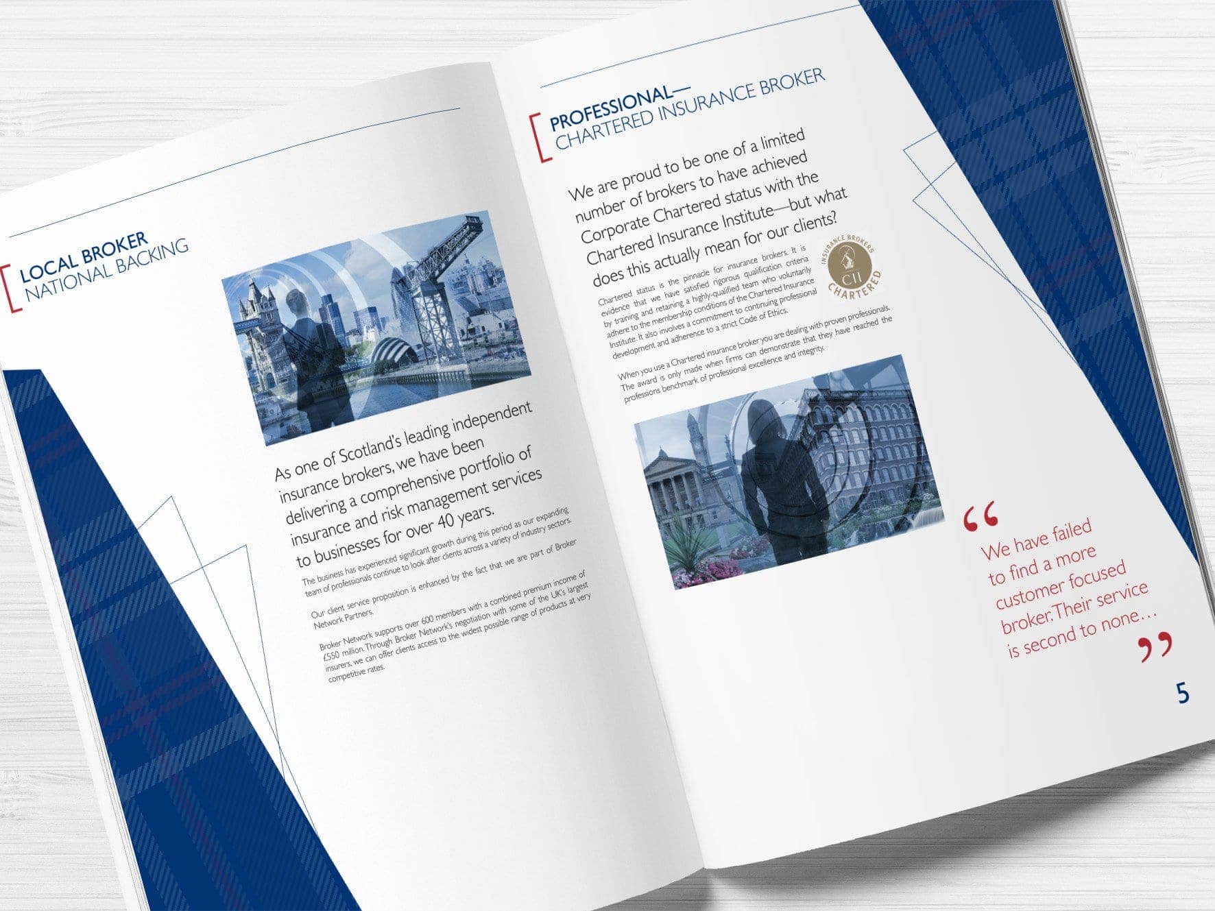 Boyd Insurance brochure open on a spread with blue graphics
