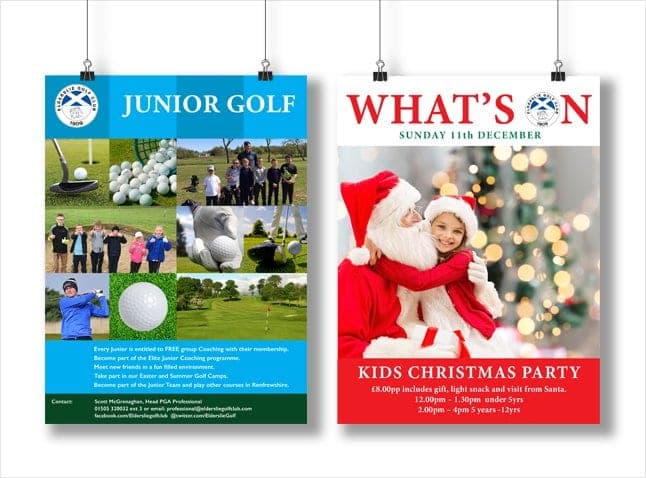 Elderslie Golf Club posters for junior golf and a kids’ Christmas party