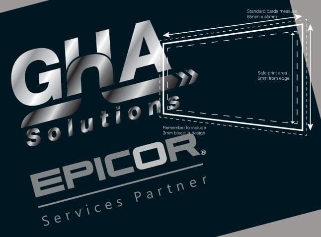 GHA Solutions business card in silver and black