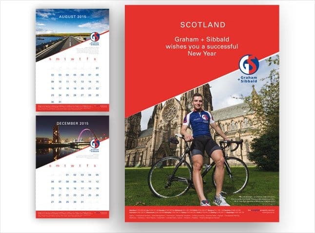 Graham + Sibbald desk calendar pages with Scottish landmarks