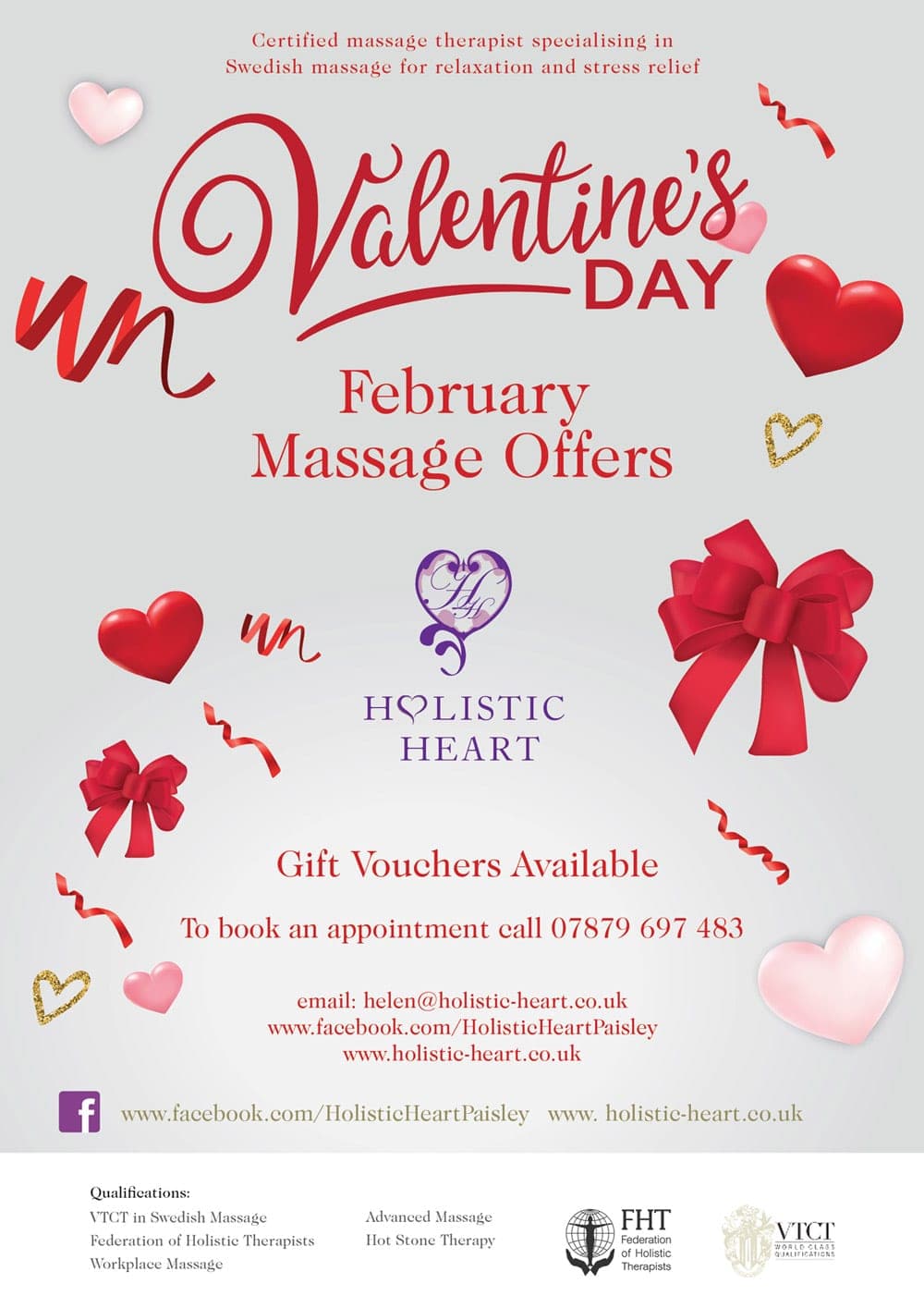 Holistic Heart Valentine’s Day massage offers poster with red hearts and a bow