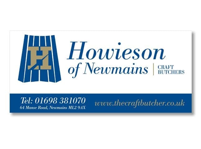 Howieson of Newmains craft butchers label with the H logo