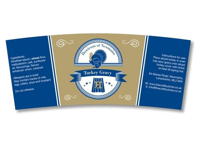 Howieson turkey gravy label in navy and gold