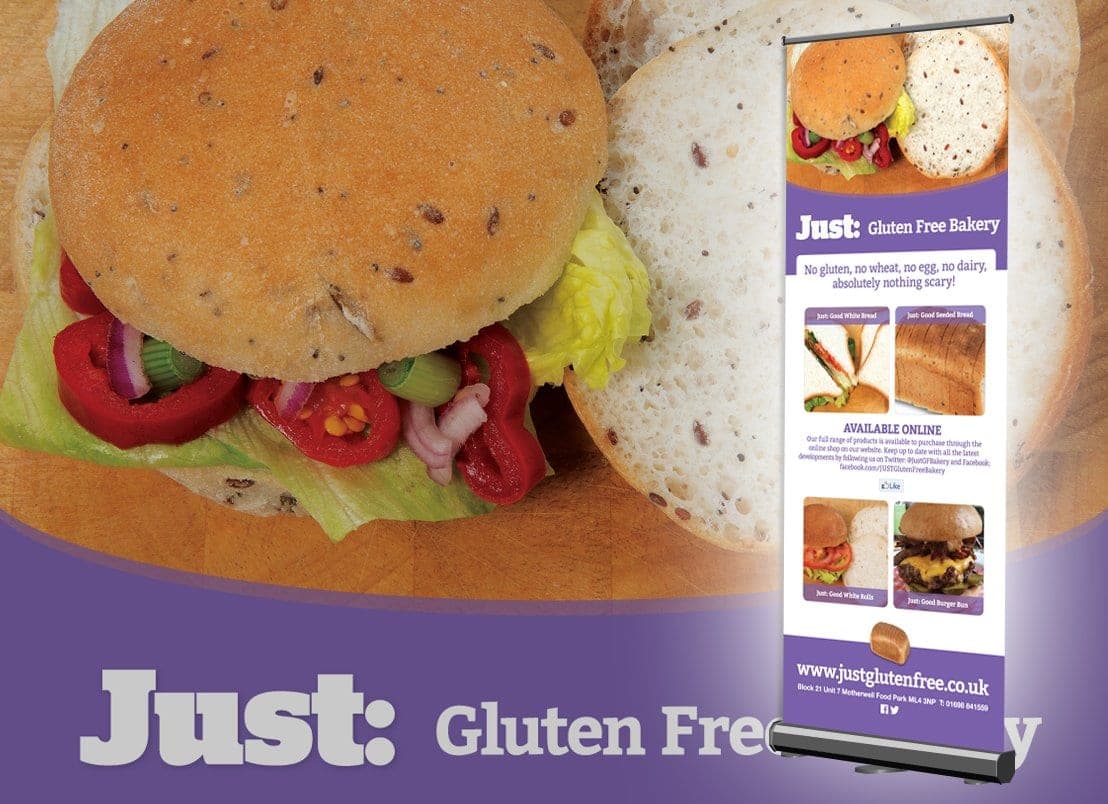 JUST gluten free bakery pull-up banner with a burger and product photos