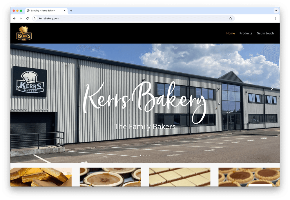 Kerrs Bakery website home page with the bakery building and script logo