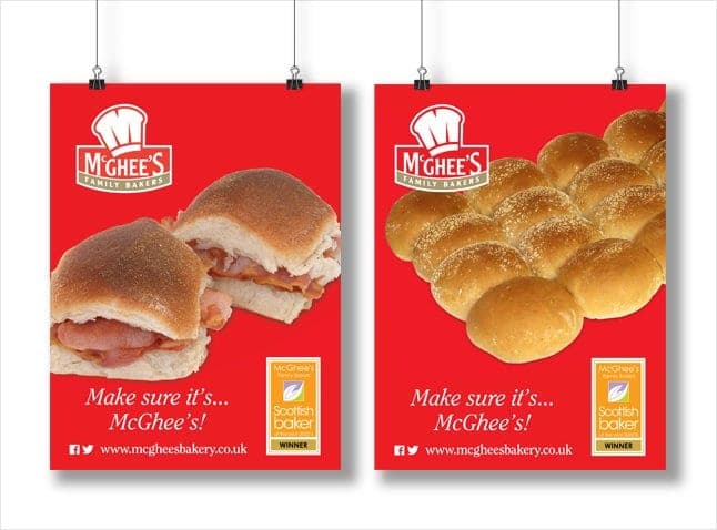 Two red McGhee’s posters with rolls and the slogan Make sure it’s McGhee’s