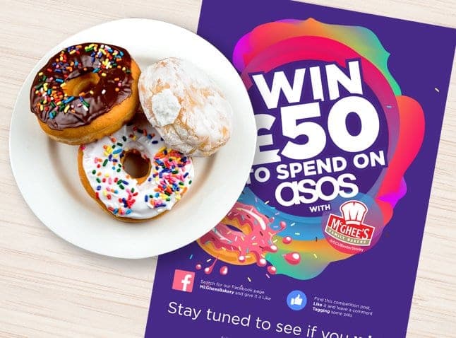 McGhee’s flyer offering students the chance to win £50 to spend on ASOS, next to doughnuts