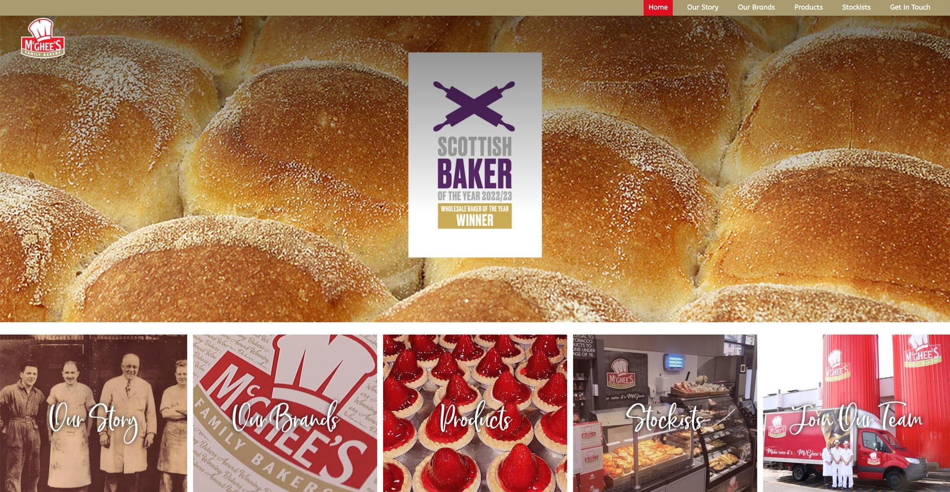 McGhee’s Bakery website with a Scottish Baker of the Year badge over fresh rolls