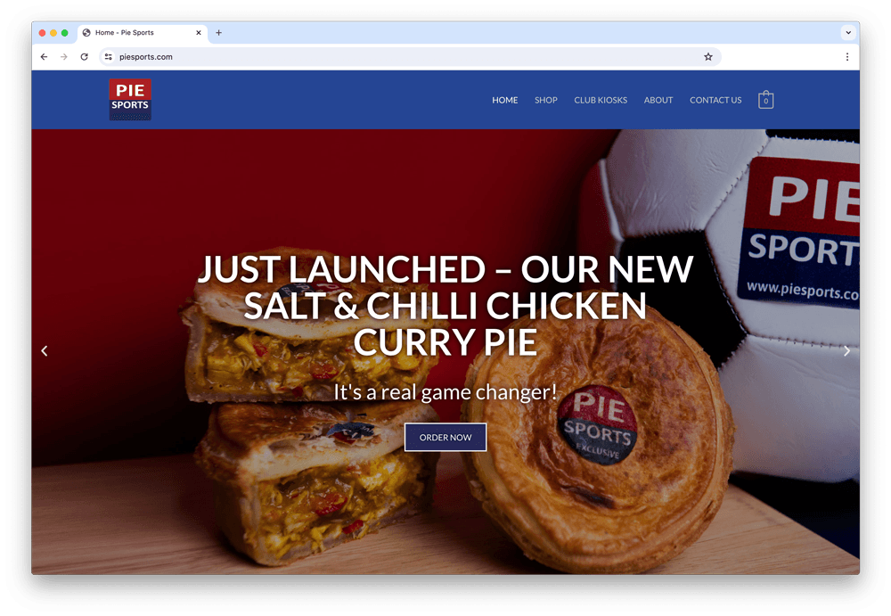Pie Sports website announcing a new salt and chilli chicken curry pie