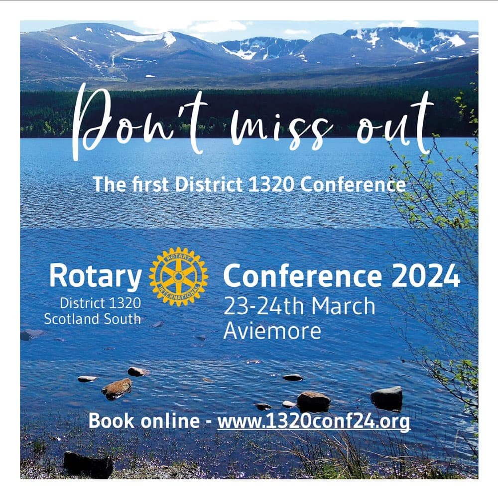 Rotary District 1320 conference social media advert with Aviemore loch scenery