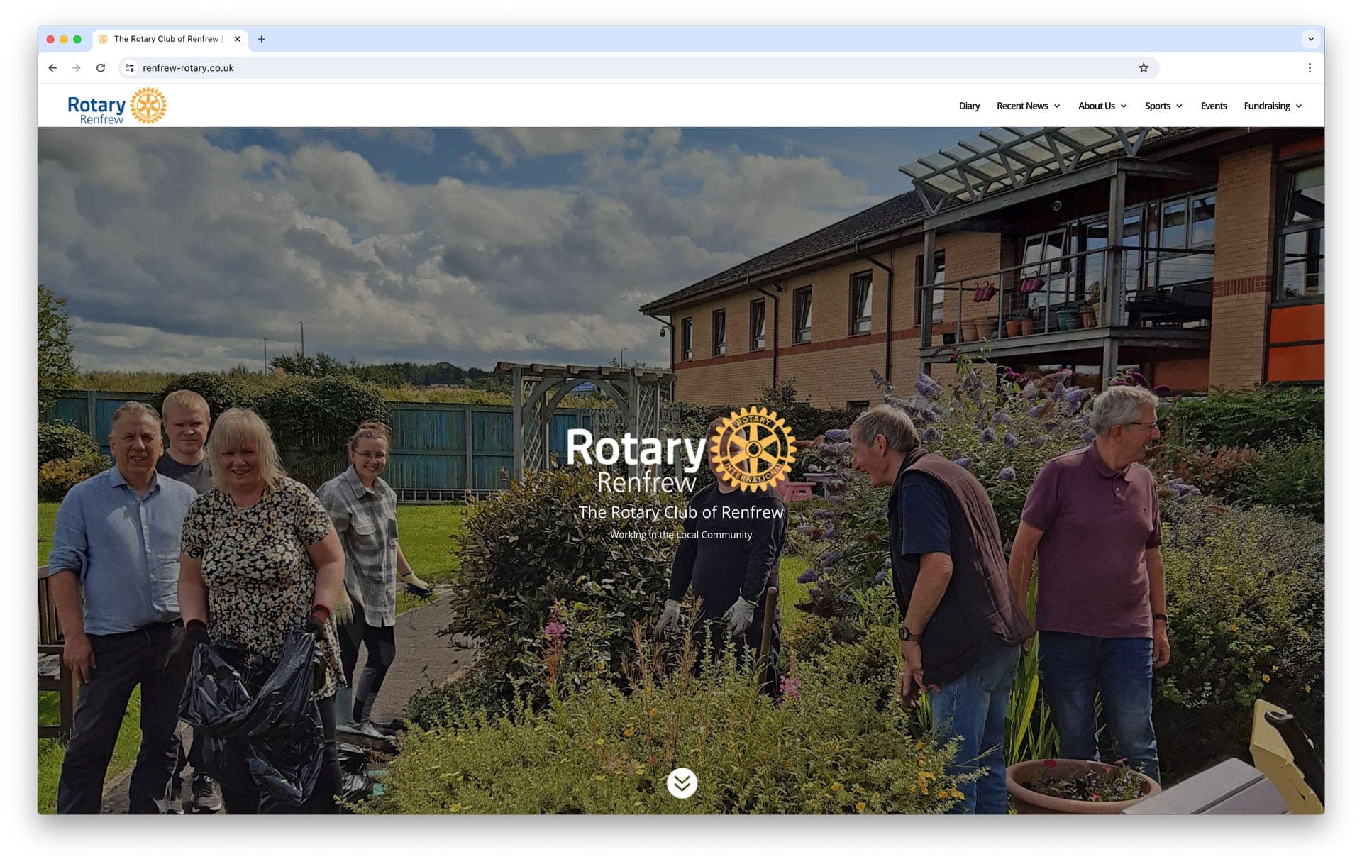 Rotary club website home page with members in a garden