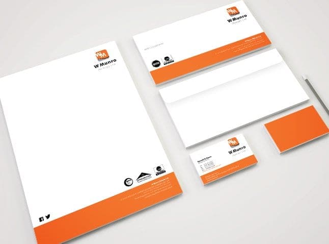 W Munro letterhead and business cards with orange accents