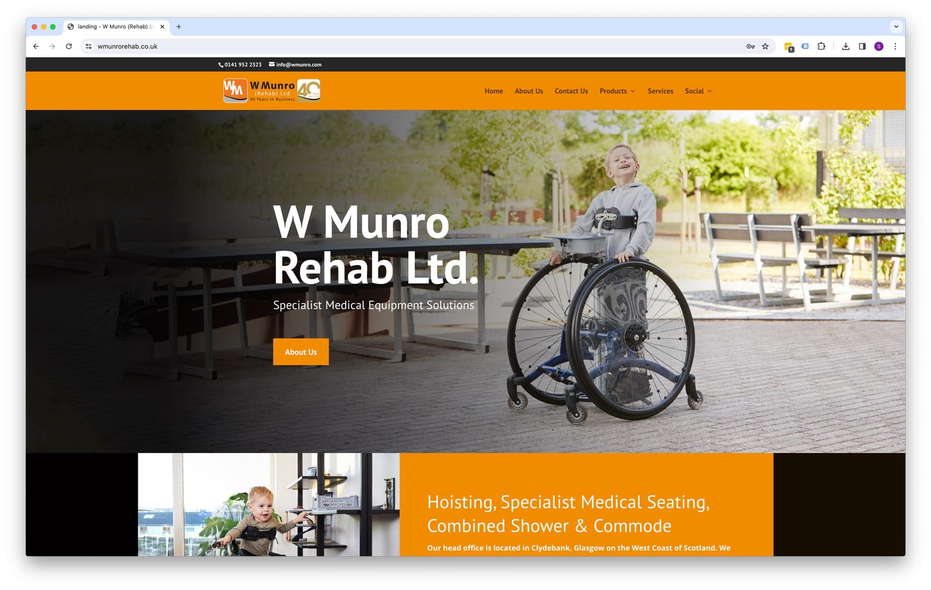 W Munro Rehab website with an orange navigation bar