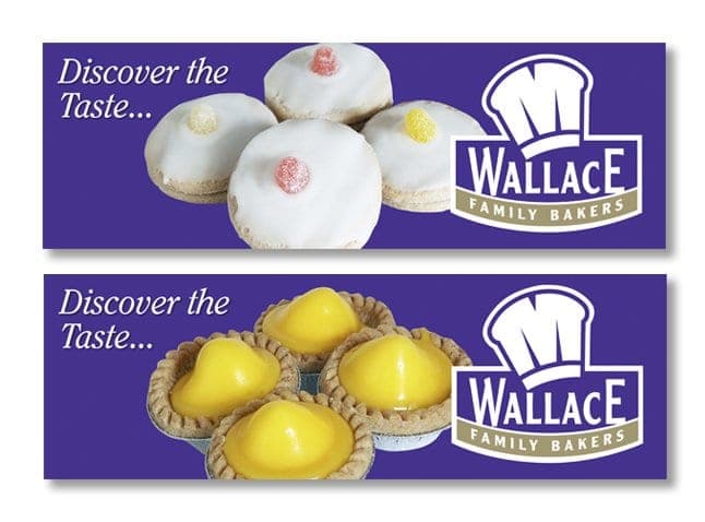 Wallace Family Bakers adverts reading Discover the Taste with iced buns and lemon tarts