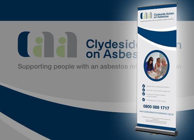 Clydeside Action on Asbestos pull-up banner in navy and white