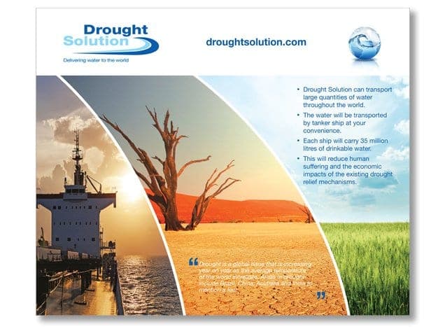 Drought Solutions exhibition panel with a desert and green field image