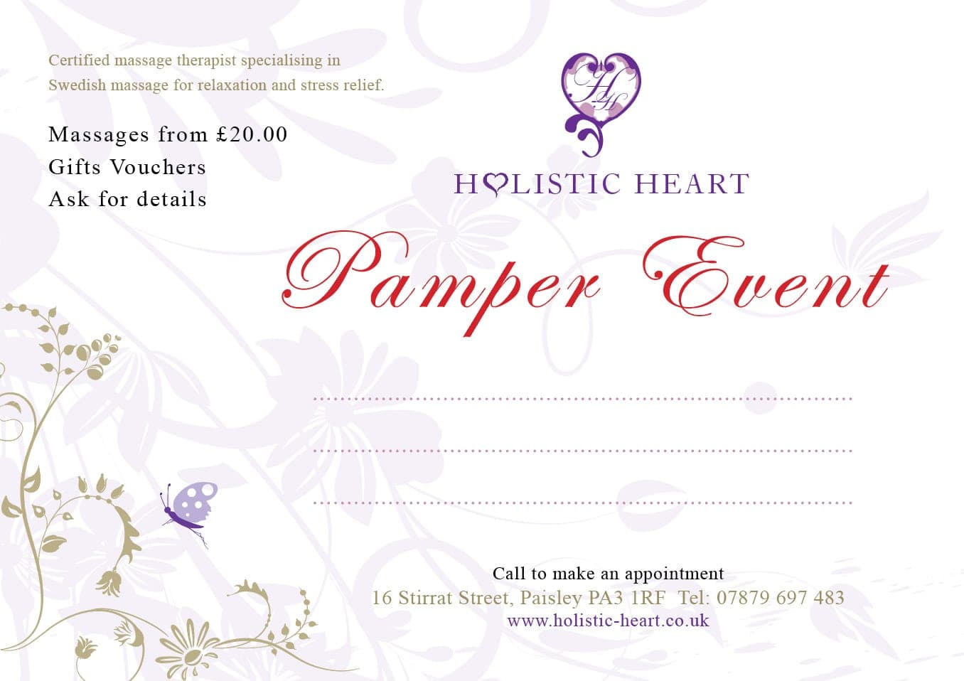 Holistic Heart pamper event flyer in purple script