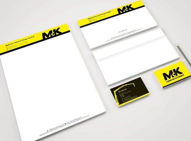 McKenzie Concrete Pumps letterhead and business cards in bold yellow and black