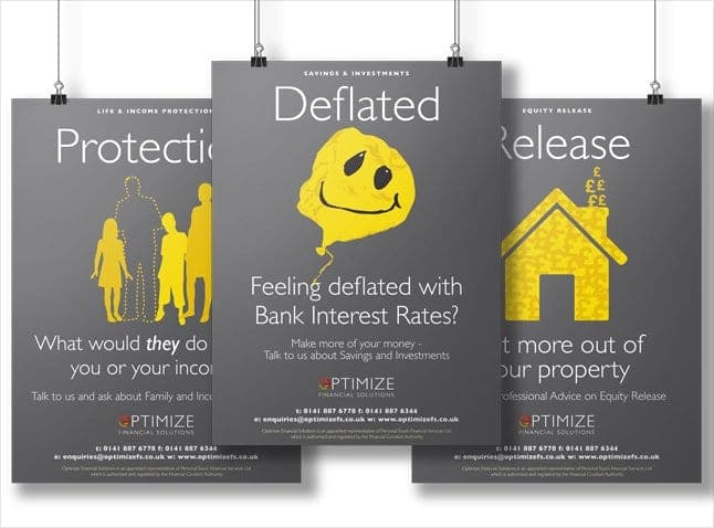 Three Optimize Financial Solutions posters titled Protection, Deflated and Release