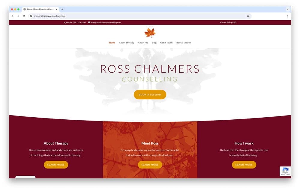 Ross Chalmers Counselling website home page in deep red and orange